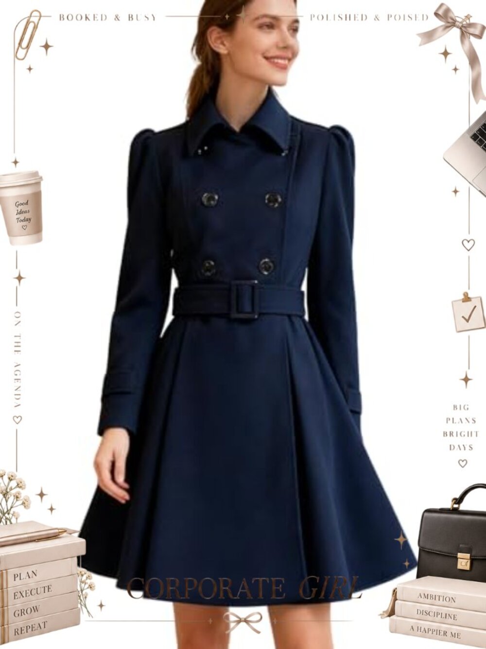 Double Breasted Wool Pea Coat Belt Buckle Mid-Long Long Sleeve Lapel